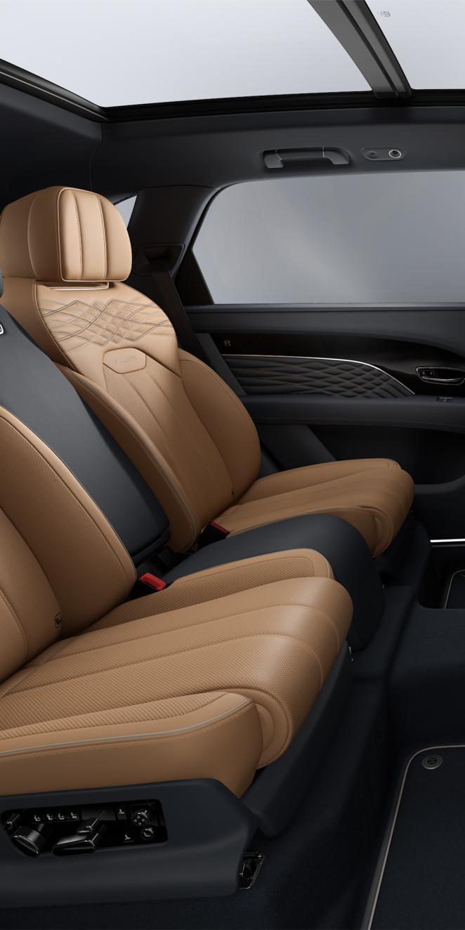 Bentley Bentayga EWB Mulliner SUV in Camel and Brunel hides with Portland accents rear seats