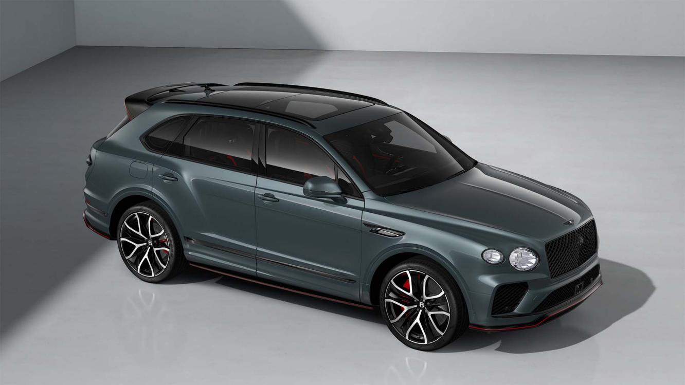 Bentley Bentayga Speed SUV in Storm Grey Satin paint with 23 inch Black Painted and Bright Machined Wheels front three quarter