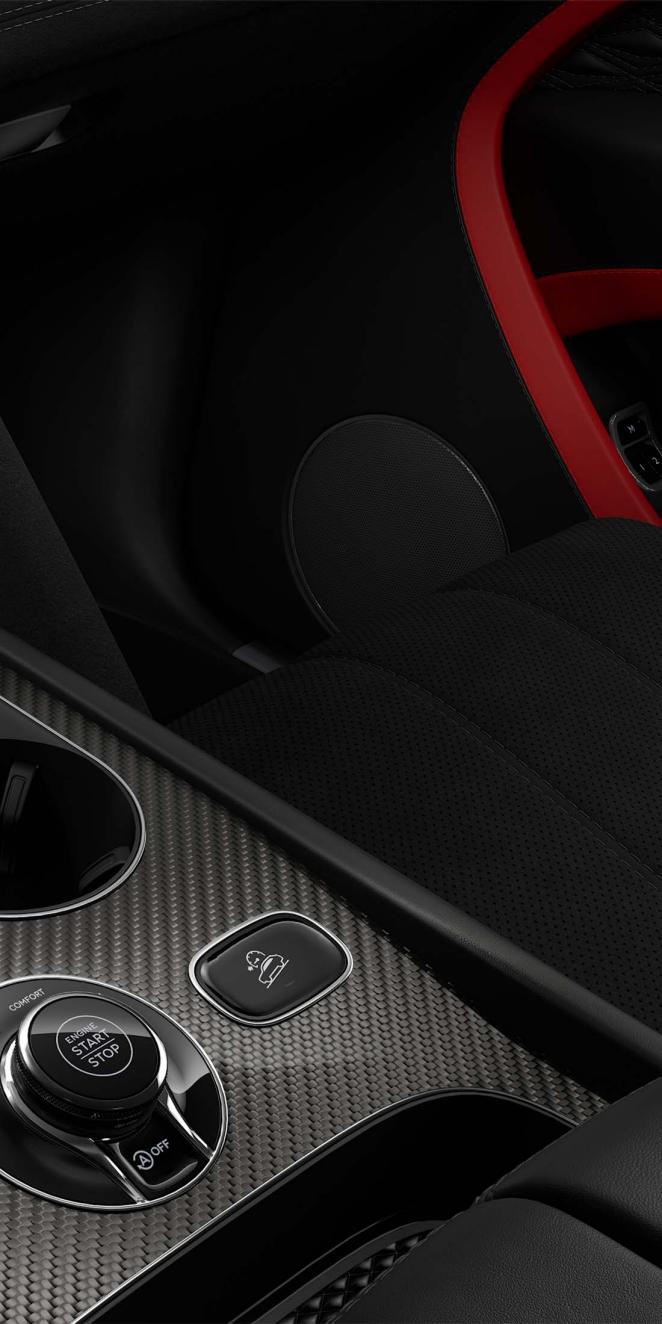 Bentley Bentayga Speed SUV in Pillar Box Red and Beluga hides with  Carbon Fibre veneer speaker