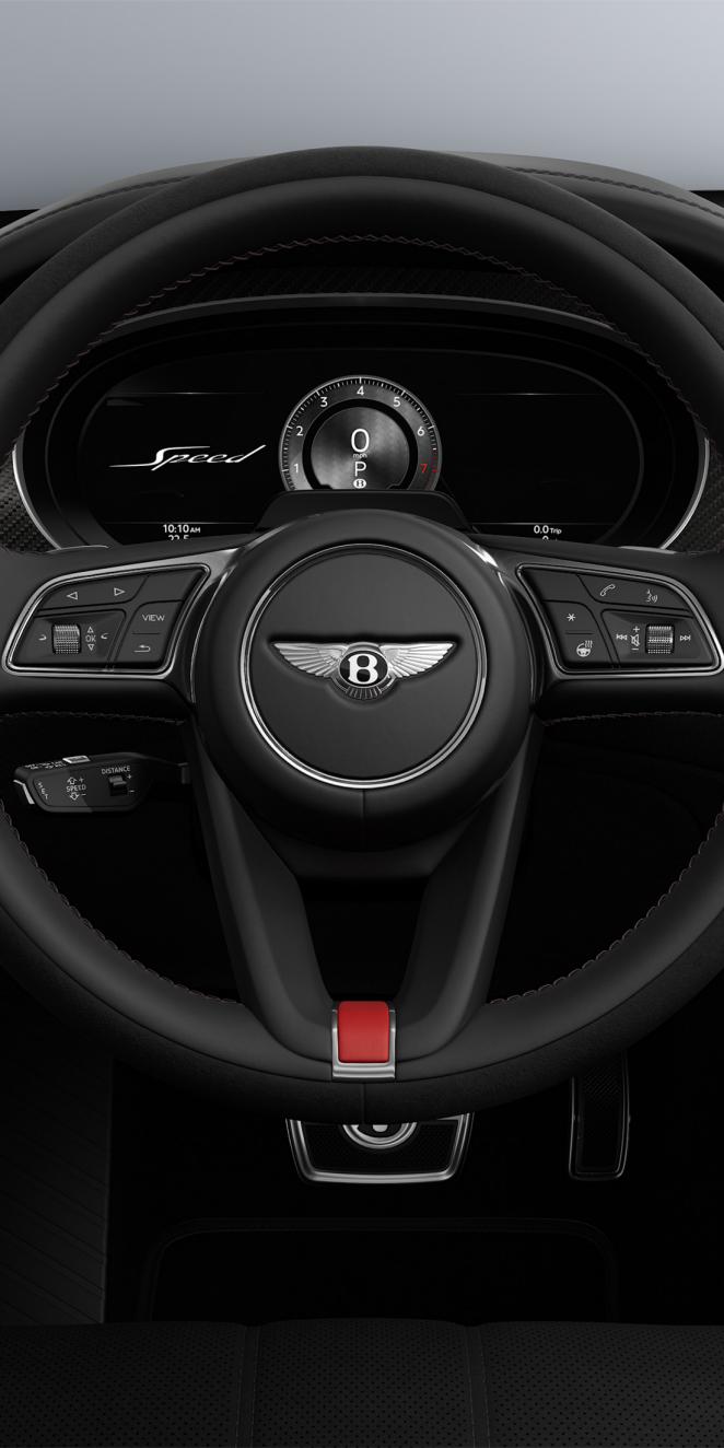 Bentley Bentayga Speed SUV in Pillar Box Red and Beluga hides with  Carbon Fibre veneer steering wheel