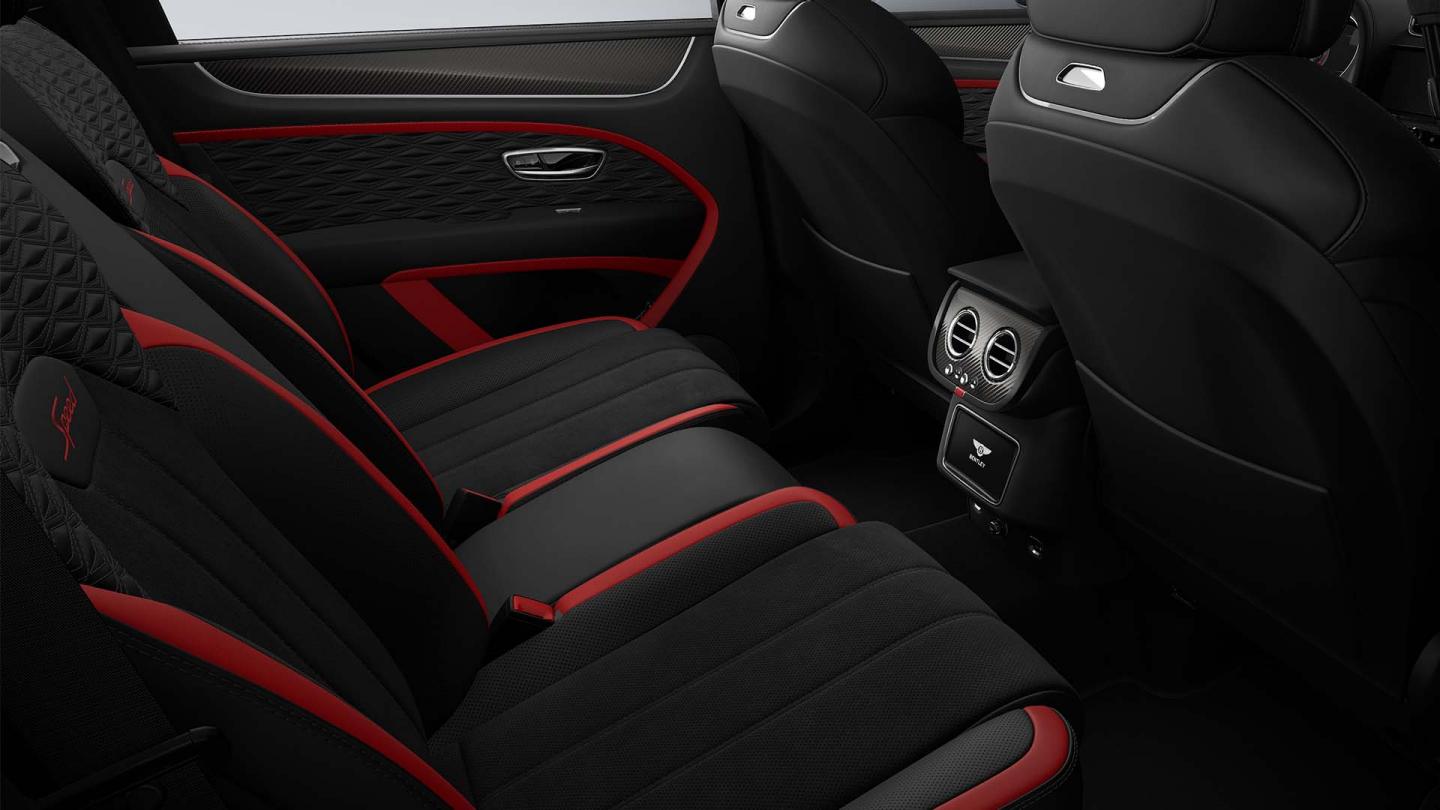 Bentley Bentayga Speed SUV in Pillar Box Red and Beluga hides with  Carbon Fibre veneer rear cabin