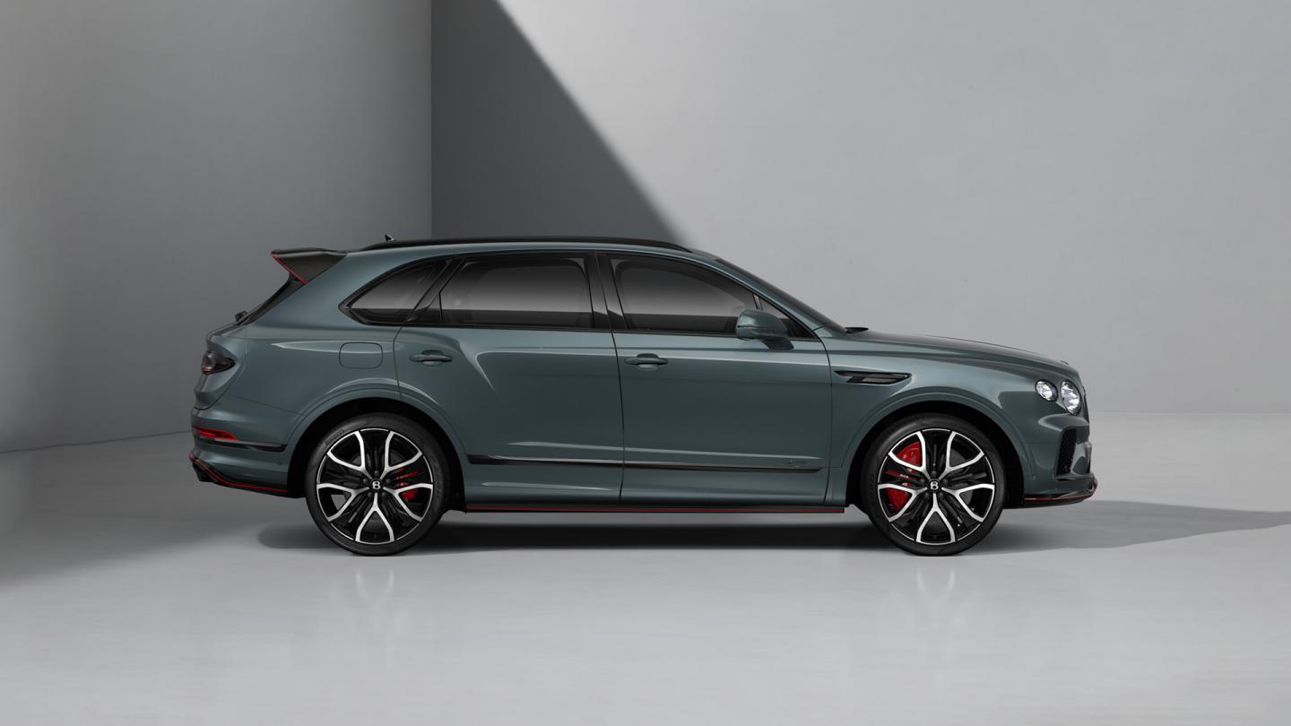 Bentley Bentayga Speed SUV in Storm Grey Satin paint with 23 inch Black Painted and Bright Machined Wheels side profile