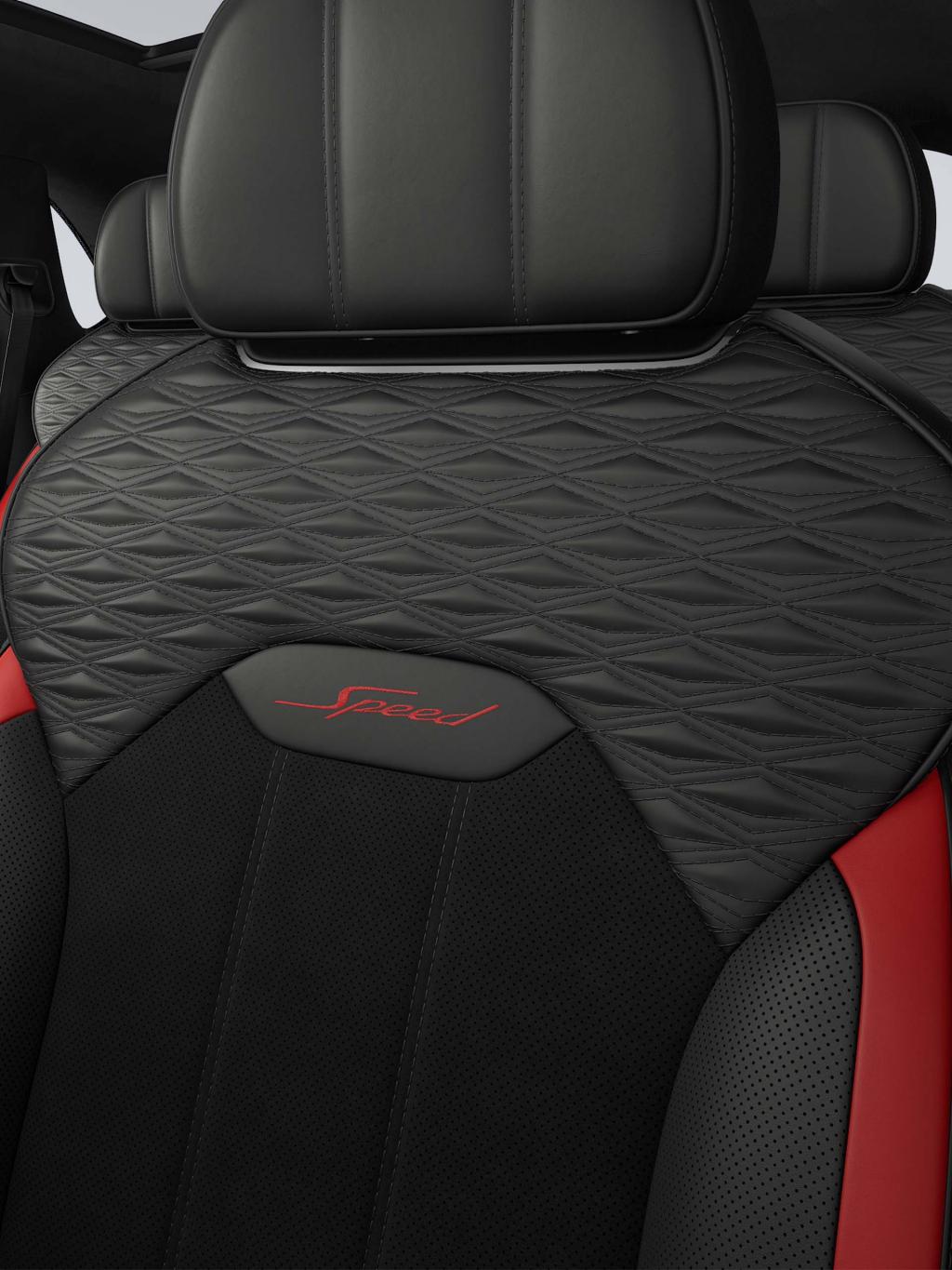 Bentley Bentayga Speed SUV in Pillar Box Red and Beluga hides front seat with Speed detailing