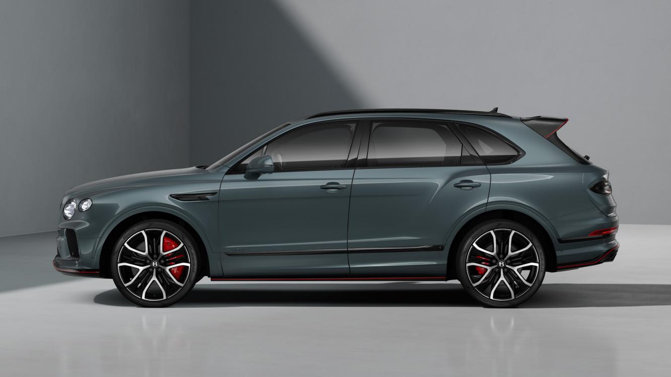 Bentley Bentayga Speed SUV in Storm Grey Satin paint with 23 inch Black Painted and Bright Machined Wheels side profile