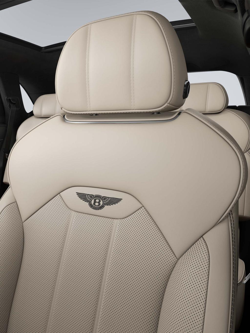 Drivers seat in a Bentley Bentayga SUV with Portland Main Hide and Beluga Bentley wings and stitching