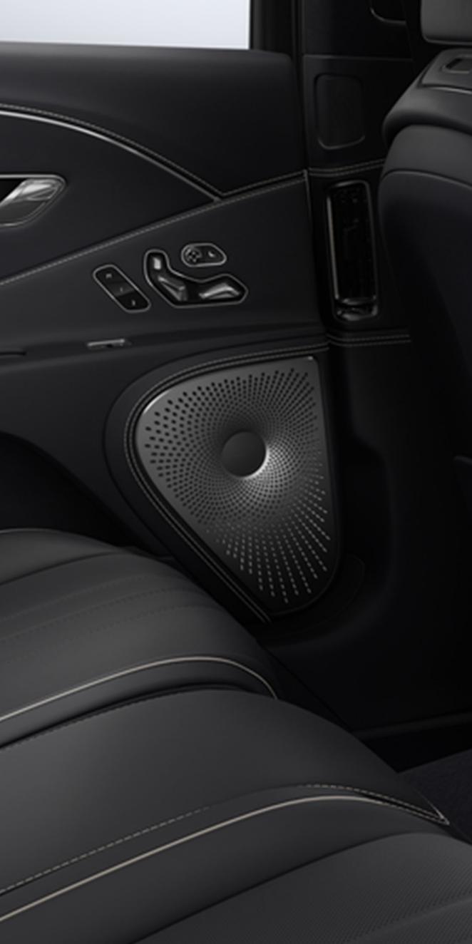 Close-up of the speaker inside the Bentley Flying Spur with Imperial Blue interior trim.