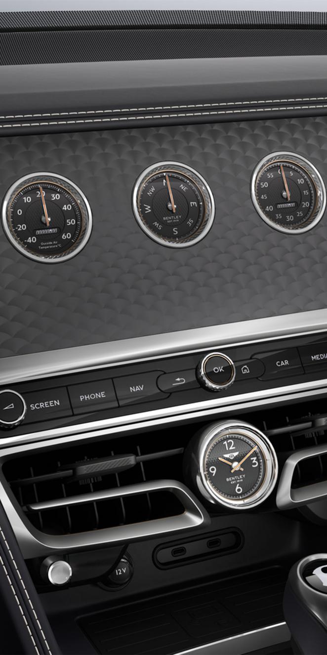 Close up of the Bentley Flying Spur rotating display with Dark Tint Engine Brushed Aluminium rotating display.