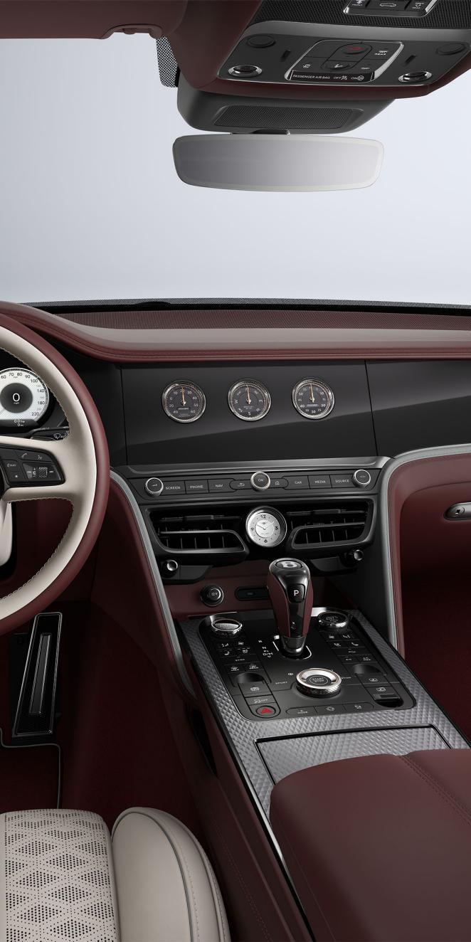 Interior shot of the Bentley Flying Spur Mulliner rotating display with Grand Black / Diamond Milled Console trim.