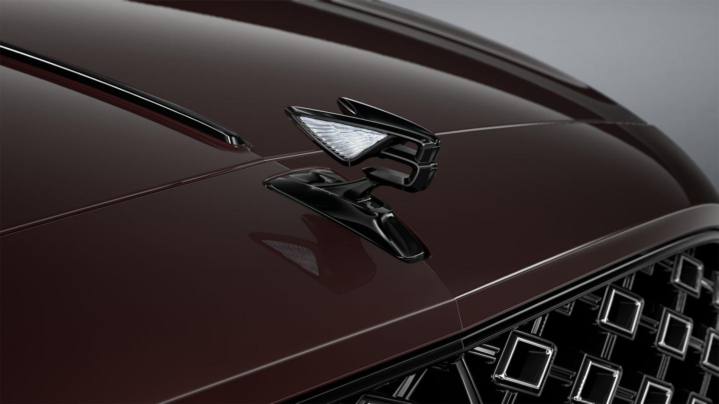 Close-up of the Flying B bonnet mascot on the Bentley Flying Spur Mulliner in Cricket Ball.