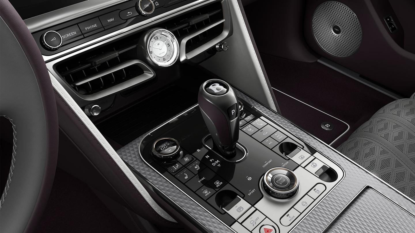 Close-up of the gear shifter inside the Bentley Flying Spur Mulliner.