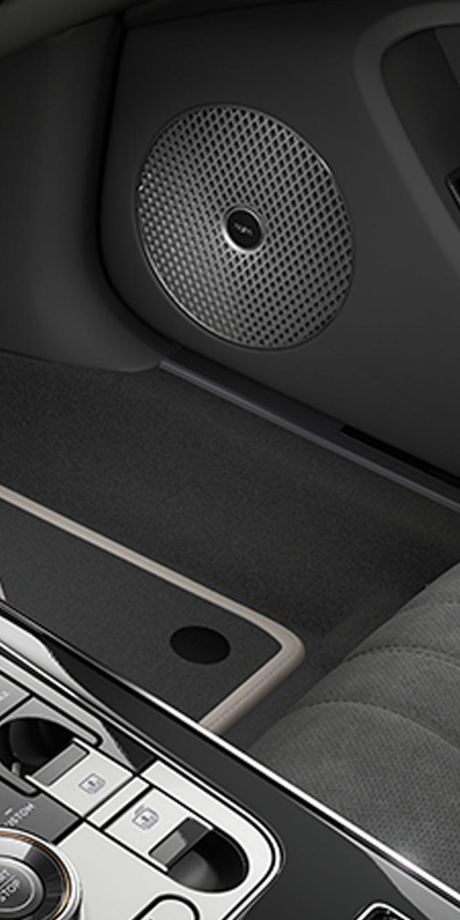 Close-up of the Naim speaker inside the Bentley Flying Spur S with Linen and Gravity Grey interior trim.