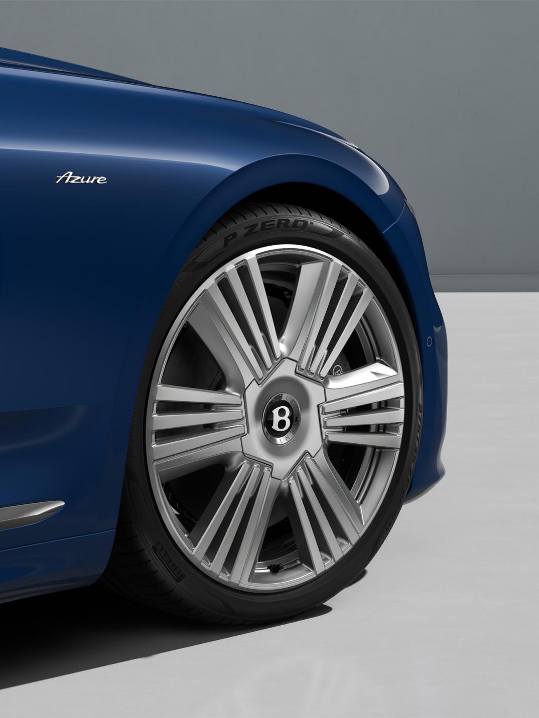 22" Azure Wheel painted in Silver and Bright Machined on the Bentley Continental GT Azure, shown with the Veridian exterior paint.