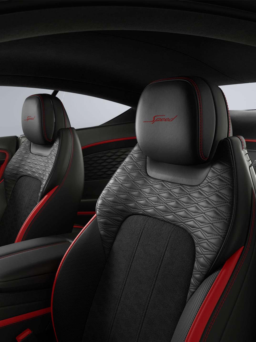Interior view of the Bentley Continental GT Speed featuring seats upholstered in Cyber Yellow and Beluga hide.