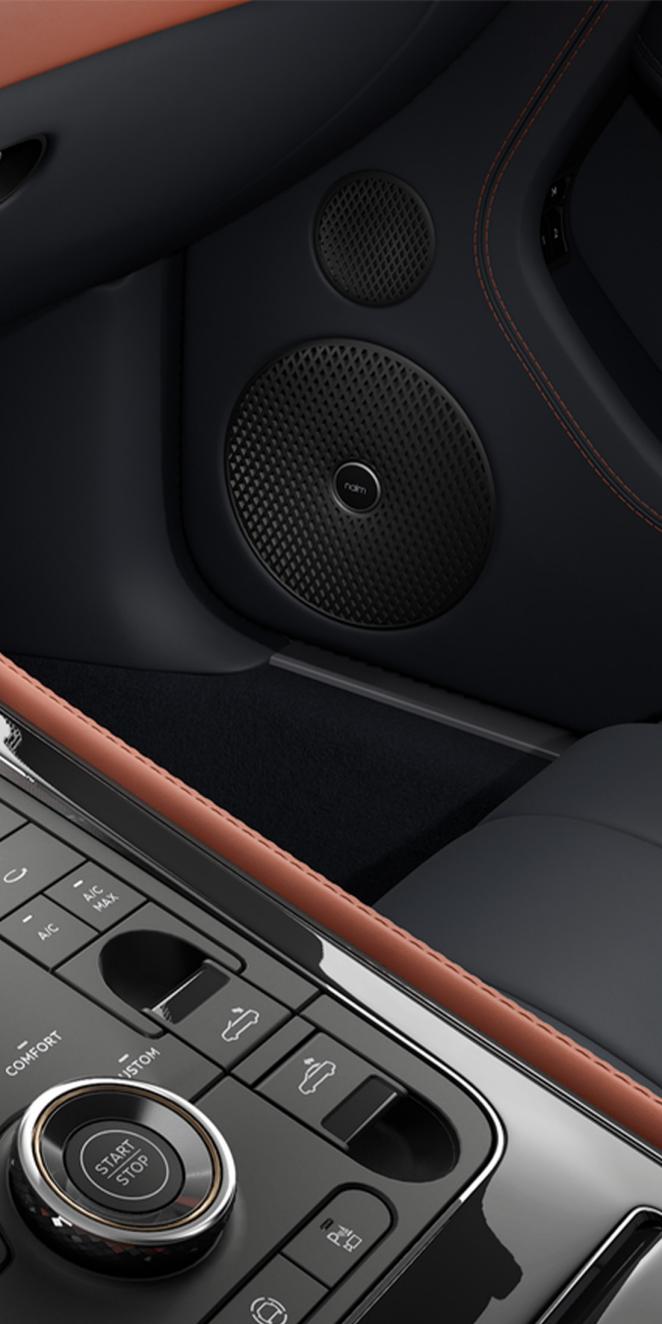 Close up of the Naim for Bentley speaker system in a new Continental GTC S