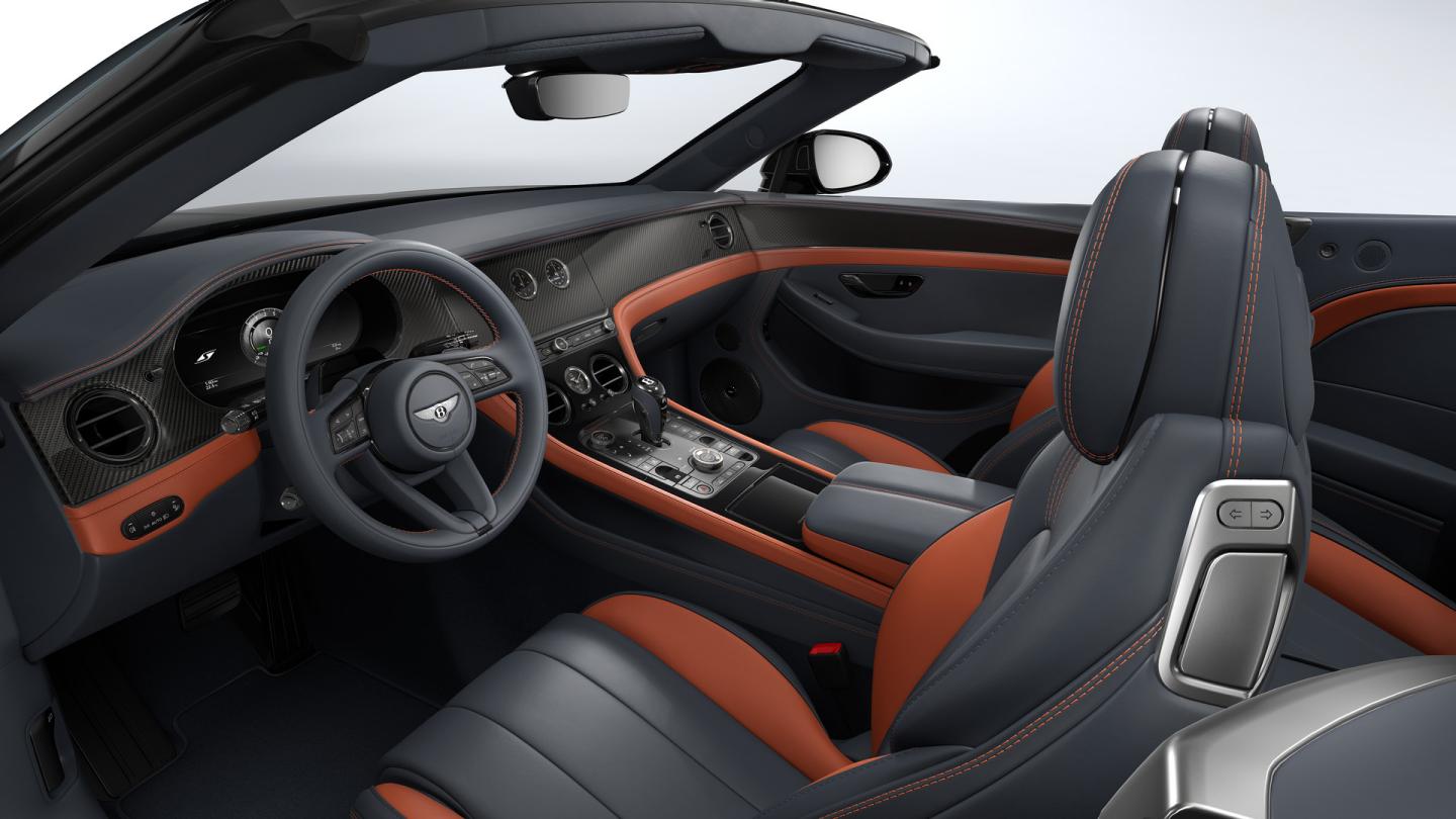 Front cross cabin of the Bentley Continental GTS Convertible with a beluga primary hide and hotspur secondary hide