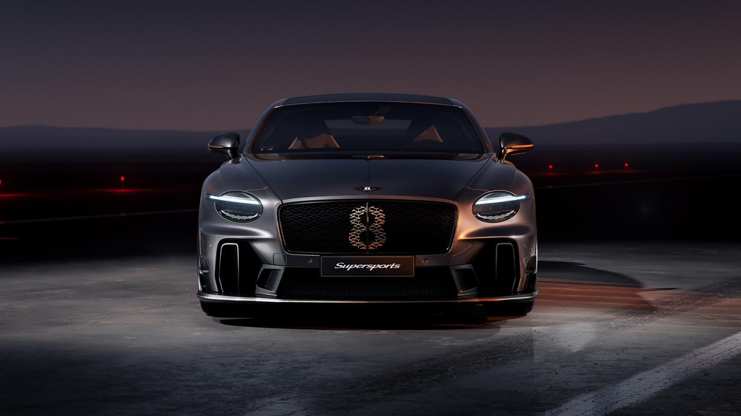 Front profile of the new Bentley Supersports in Antracite Satin, including a factory painted number on the front grille in gold