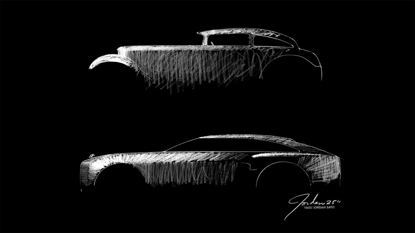 Designer sketches of EXP 15 along side the car that inspired it, the Blue Train Speed Six Saloon