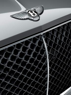 Close up of Moonbeam coloured Bentley Continental GTC signature model's Black gloss matrix grille with chrome surround