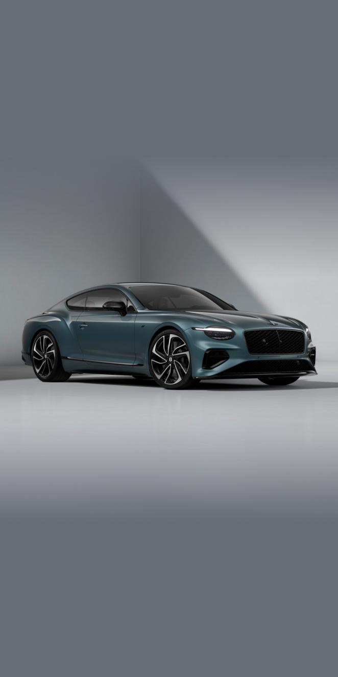 Front side angled view of Bentley Continental GT S in Thunder Grey colour, featuring 22 inch Five Spoke Sports 