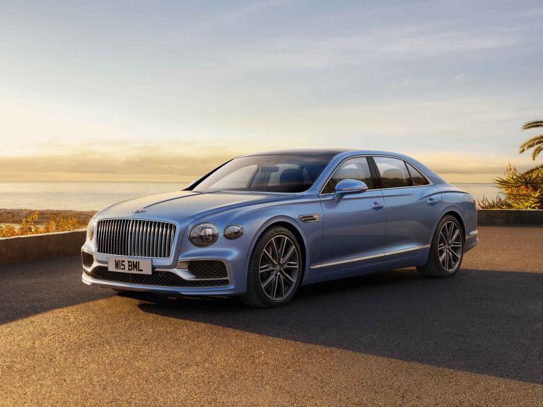 Bentley Flying Spur A in Silverlake colour featuring fluted vertical vaned grille and 21 inch Ten Twin-Spoke Wheel, Dark Grey Painted and Machined.