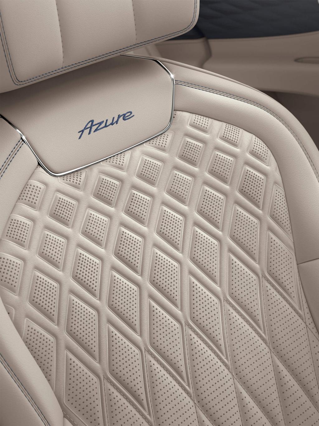 Bentley Flying Spur Azure seats featuring diamond loafted pattern with detailed contrast stitching and Azure Emblems in Imperial Blue colour contrast stitched in Portland hide.