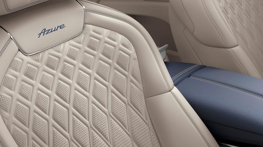 Bentley Flying Spur Azure seats featuring diamond loafted pattern with detailed contrast stitching and Azure Emblems in Imperial Blue colour contrast stitched in Portland hide.