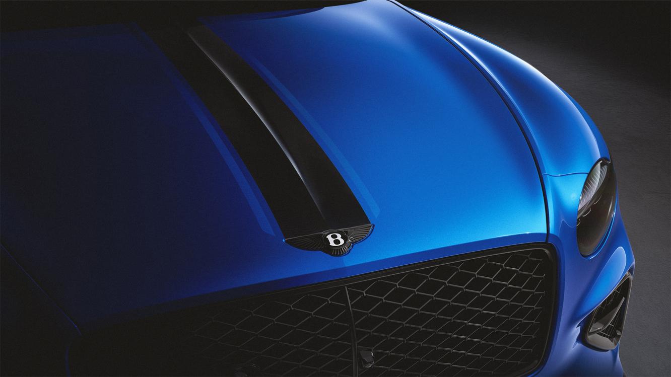 Close up of the bonnet livery striping on the Bespoke Series 2027 Bentley Continental GT S in Salerno Blue.