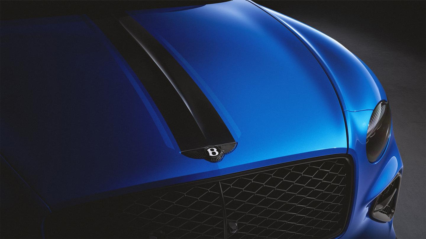 Close up of the bonnet livery striping on the Bespoke Series 2027 Bentley Continental GT S in Salerno Blue.