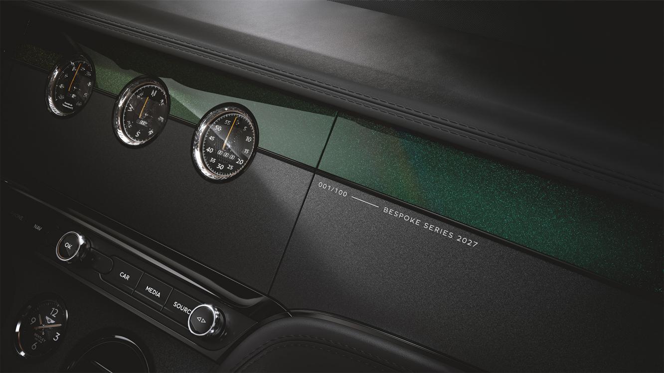Close up of the veeners and Bespoke Series branding within the Bespoke Series 2027 Bentley Continental GT S in Spectral Verdant.