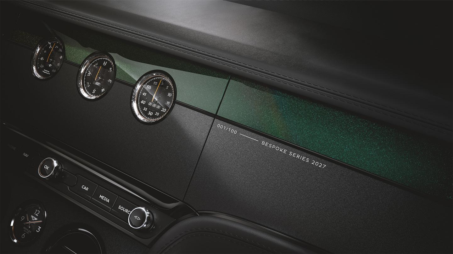 Close up of the veeners and Bespoke Series branding within the Bespoke Series 2027 Bentley Continental GT S in Spectral Verdant.