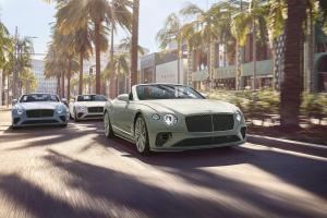 Three Bentley Continental GTCs driving along a downtown avenue with Bentley Continental GTC Speed driving
