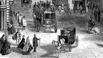 Painting of horse driven carriages with 4 carriages in view.