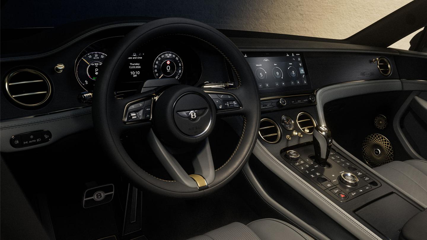 The front cabin of a Continental GT Convertible from the Virtuoso Collection featuring bespoke elements throughout the cabin