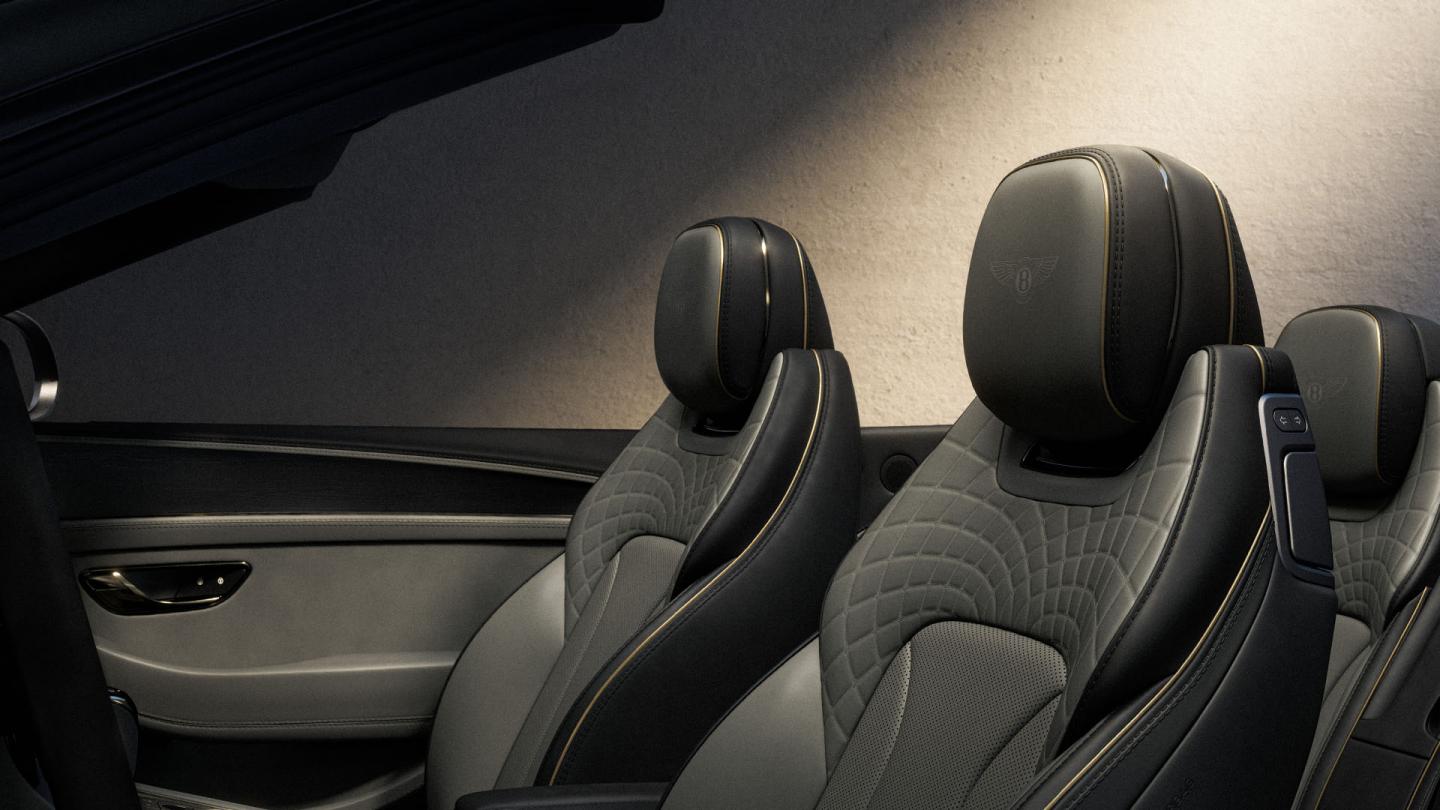 The front seats of a Continental GT Convertible from the Virtuoso collection including bespoke audio wave quilting