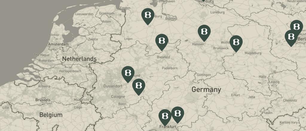 A map showing Bentley dealerships located across Europe.