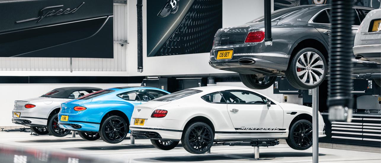 Collection of Bentley Continental GT, GTC and Bentley Flying Spur undergoing service at Bentley approved dealer. 