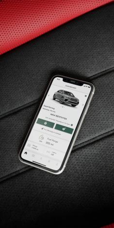 Smart phone placed on Beluga hide, featuring my Bentley App configured for Bentley Bentayga.
