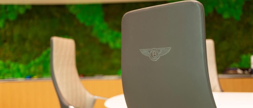A chair featuring Bentley Wings emblem in contrast stitching.
