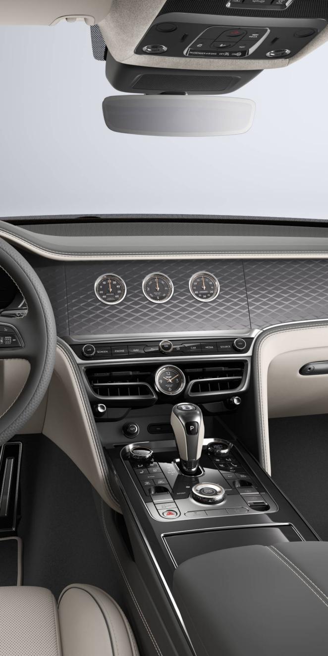 Interior shot of the Bentley Flying Spur S rotating display with Diamond Brushed Dark Tint Aluminium trim.